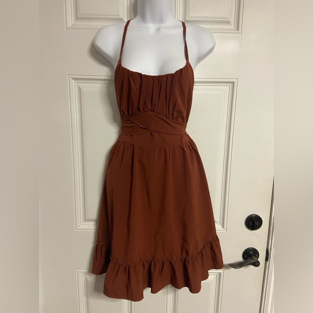 T31a- LYANER Rust Brown Pleated Ruffle Spaghetti Belted Fit & Flare Dress